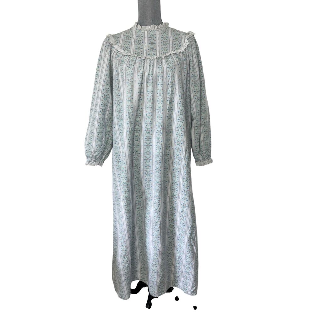 Vtg 80s LL Bean Lanz Flannel Nightgown Eyelet Prairie Cottagecore Floral M/L USA